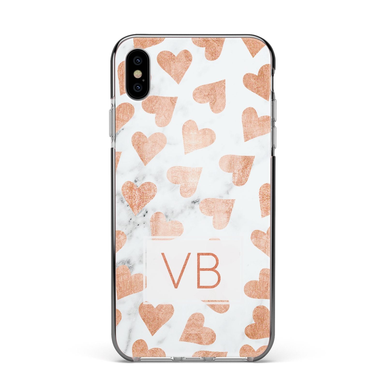Personalised Heart Initialled Marble Apple iPhone Xs Max Impact Case Black Edge on Silver Phone