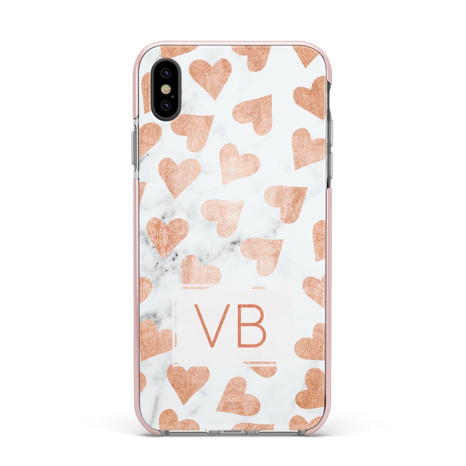 Personalised Heart Initialled Marble Apple iPhone Xs Max Impact Case Pink Edge on Black Phone