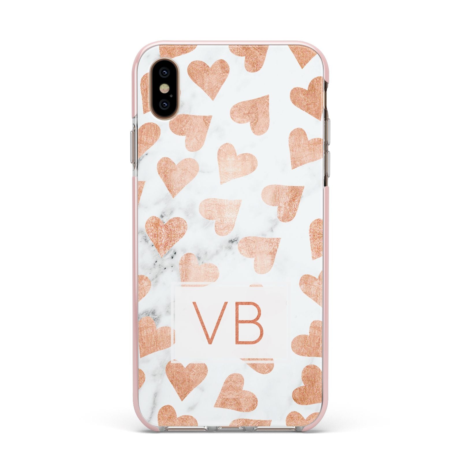 Personalised Heart Initialled Marble Apple iPhone Xs Max Impact Case Pink Edge on Gold Phone