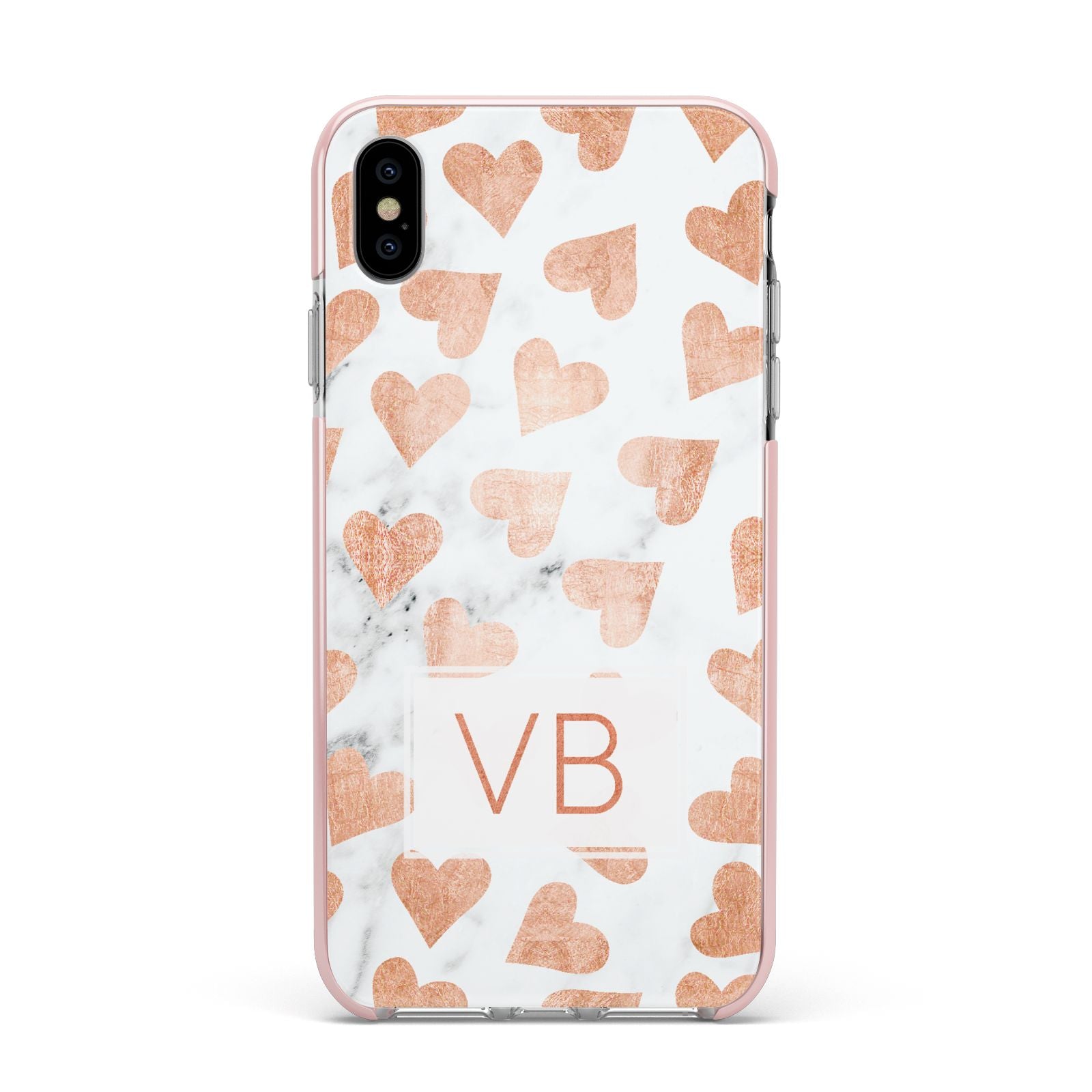Personalised Heart Initialled Marble Apple iPhone Xs Max Impact Case Pink Edge on Silver Phone