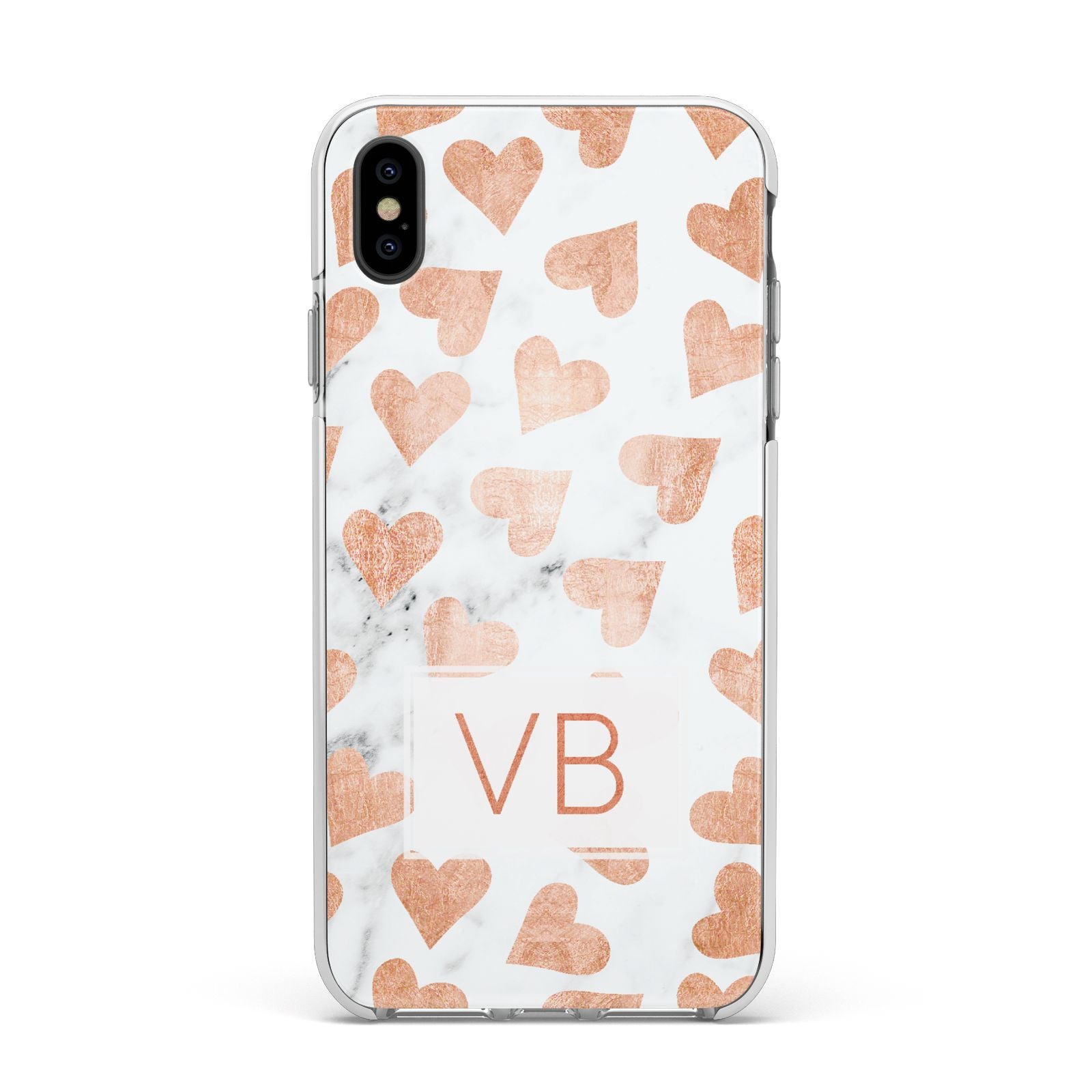 Personalised Heart Initialled Marble Apple iPhone Xs Max Impact Case White Edge on Black Phone