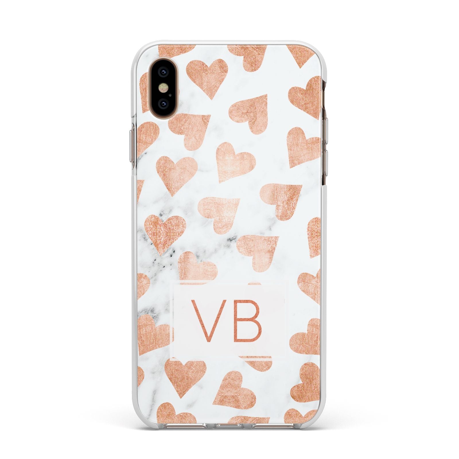Personalised Heart Initialled Marble Apple iPhone Xs Max Impact Case White Edge on Gold Phone