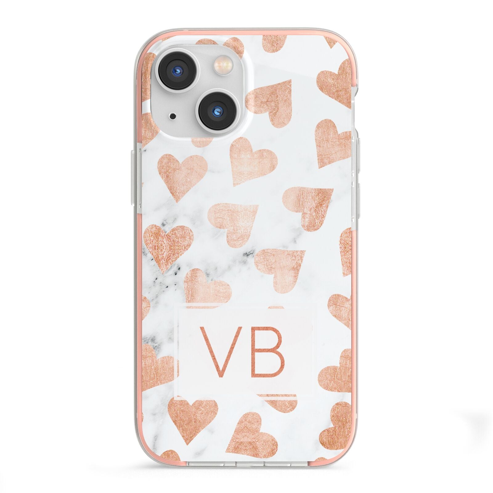 Personalised Heart Initialled Marble iPhone 13 Mini TPU Impact Case with Pink Edges