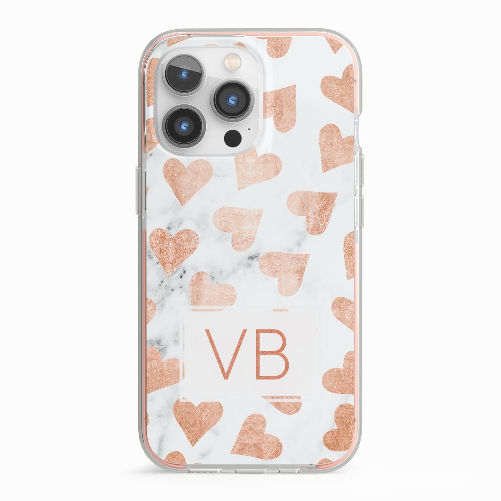 Personalised Heart Initialled Marble iPhone 13 Pro TPU Impact Case with Pink Edges
