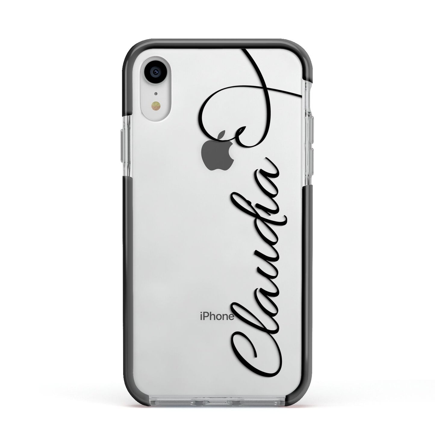 Personalised Heart Name Apple iPhone XR Impact Case Black Edge on Silver Phone