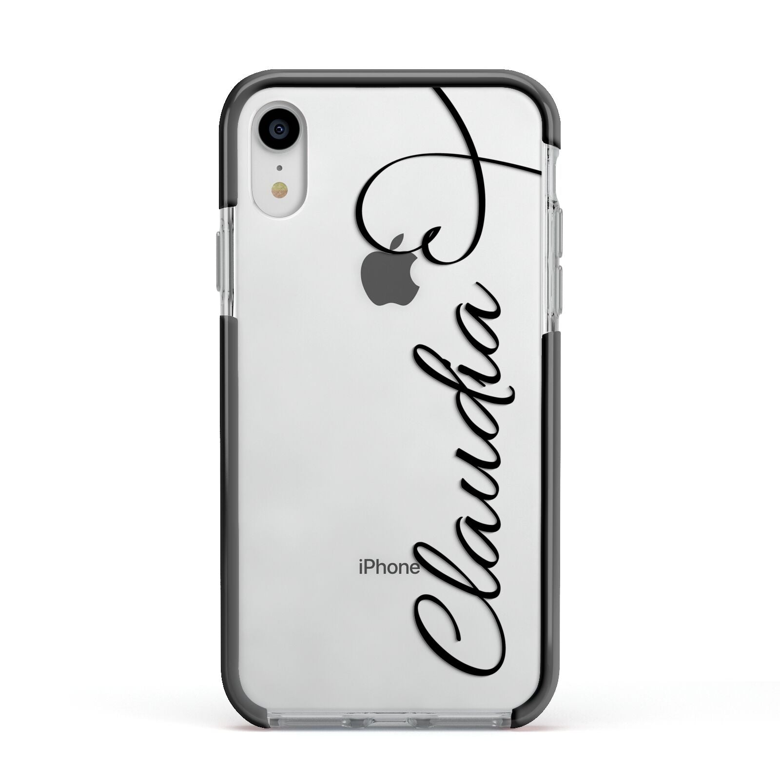 Personalised Heart Name Apple iPhone XR Impact Case Black Edge on Silver Phone