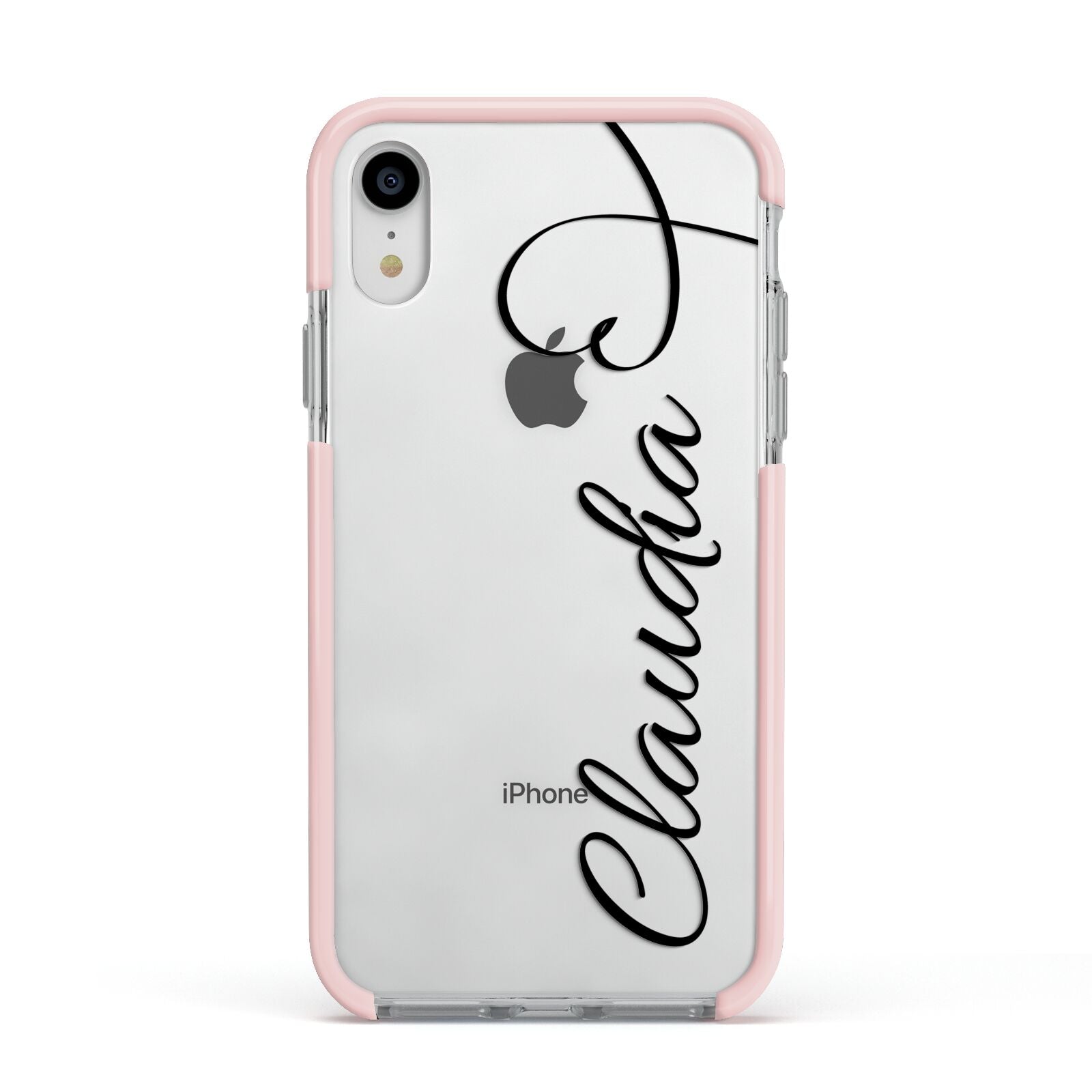 Personalised Heart Name Apple iPhone XR Impact Case Pink Edge on Silver Phone