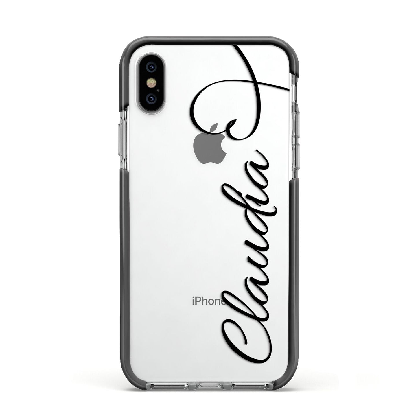 Personalised Heart Name Apple iPhone Xs Impact Case Black Edge on Silver Phone