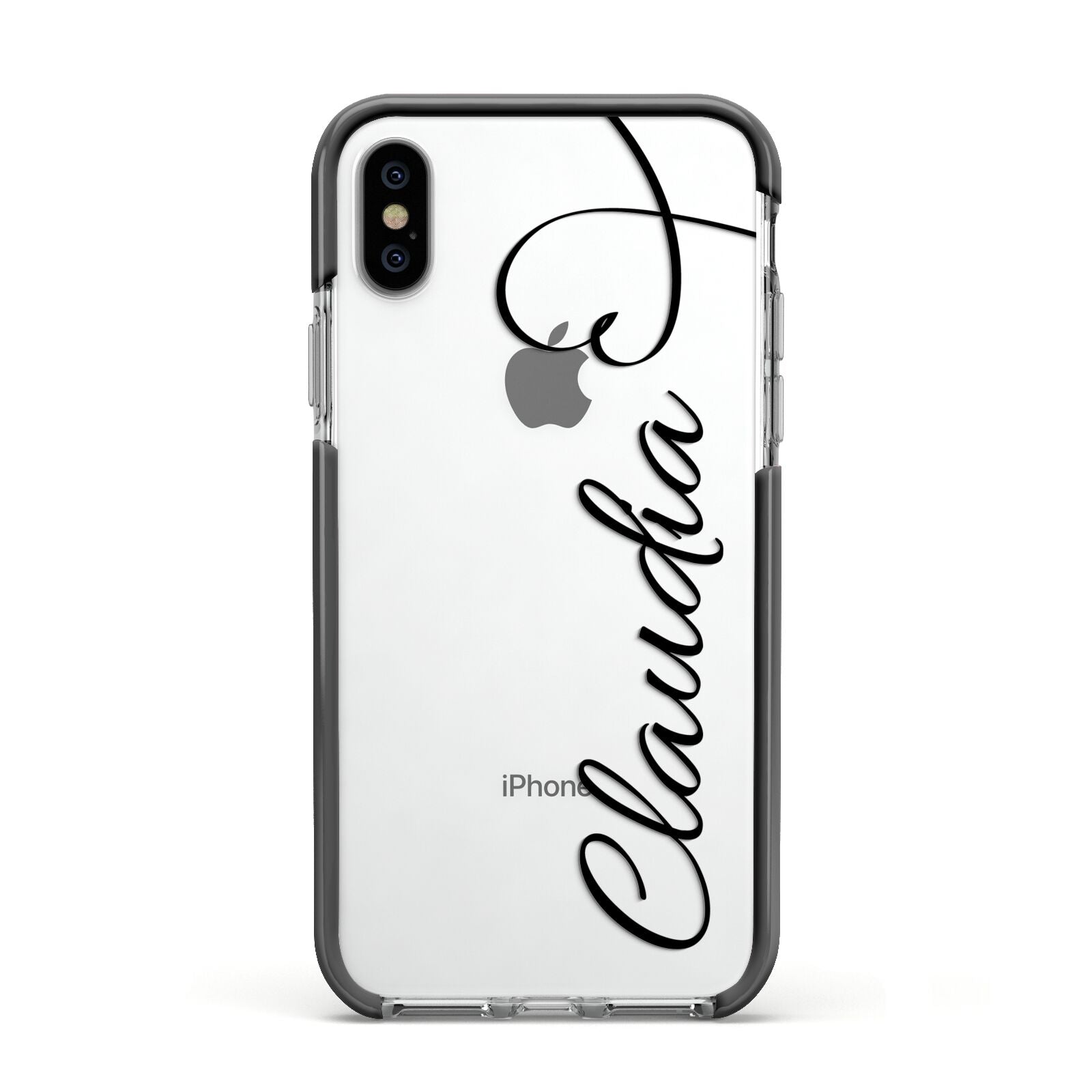 Personalised Heart Name Apple iPhone Xs Impact Case Black Edge on Silver Phone