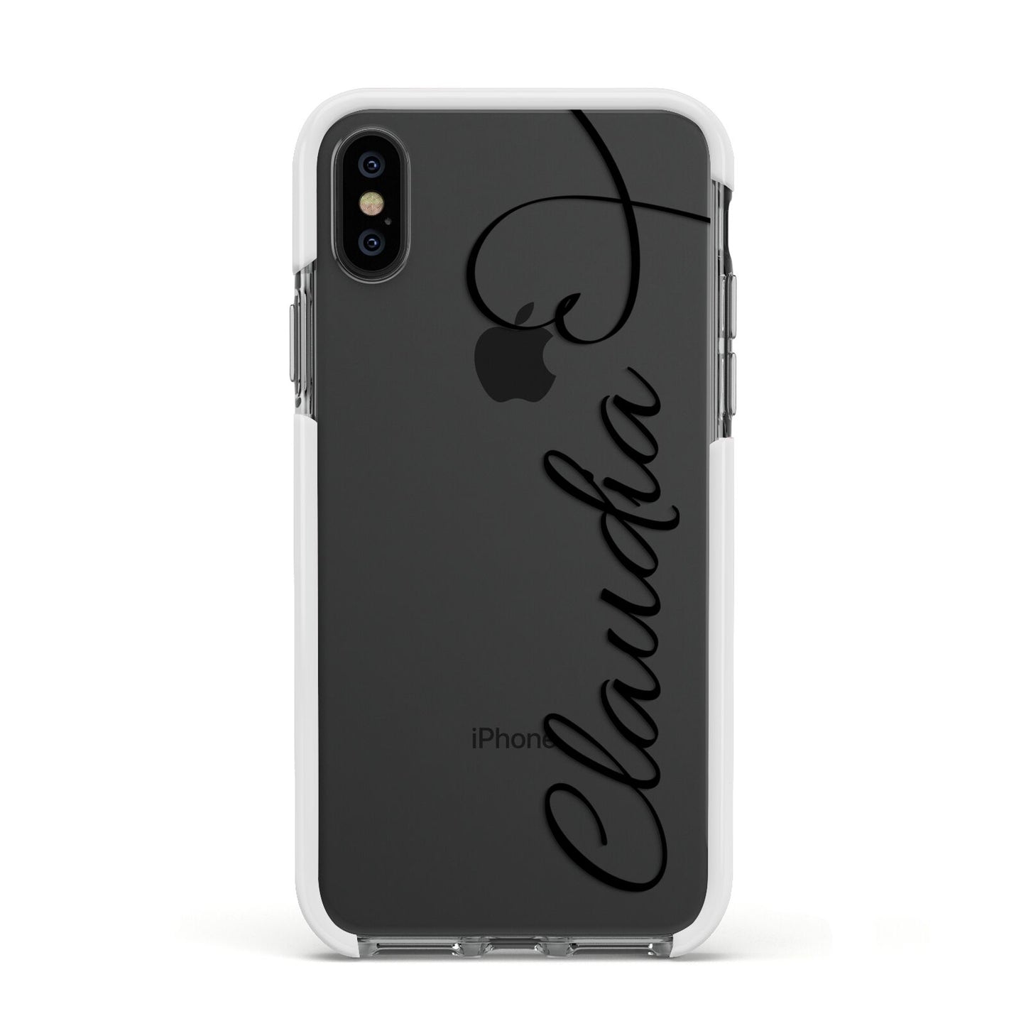 Personalised Heart Name Apple iPhone Xs Impact Case White Edge on Black Phone