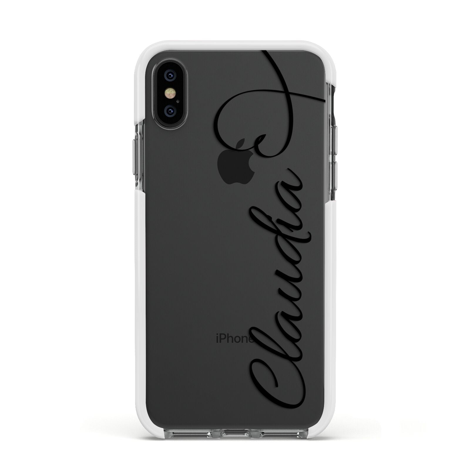 Personalised Heart Name Apple iPhone Xs Impact Case White Edge on Black Phone
