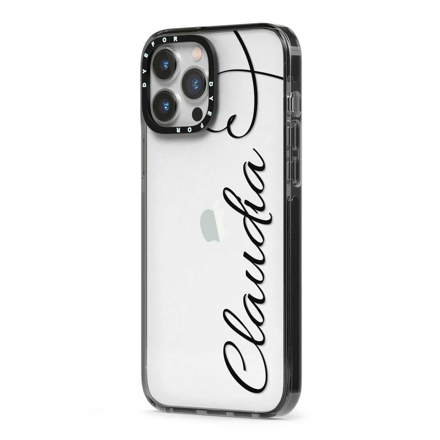 Personalised Heart Name iPhone 13 Pro Max Black Impact Case Side Angle on Silver phone