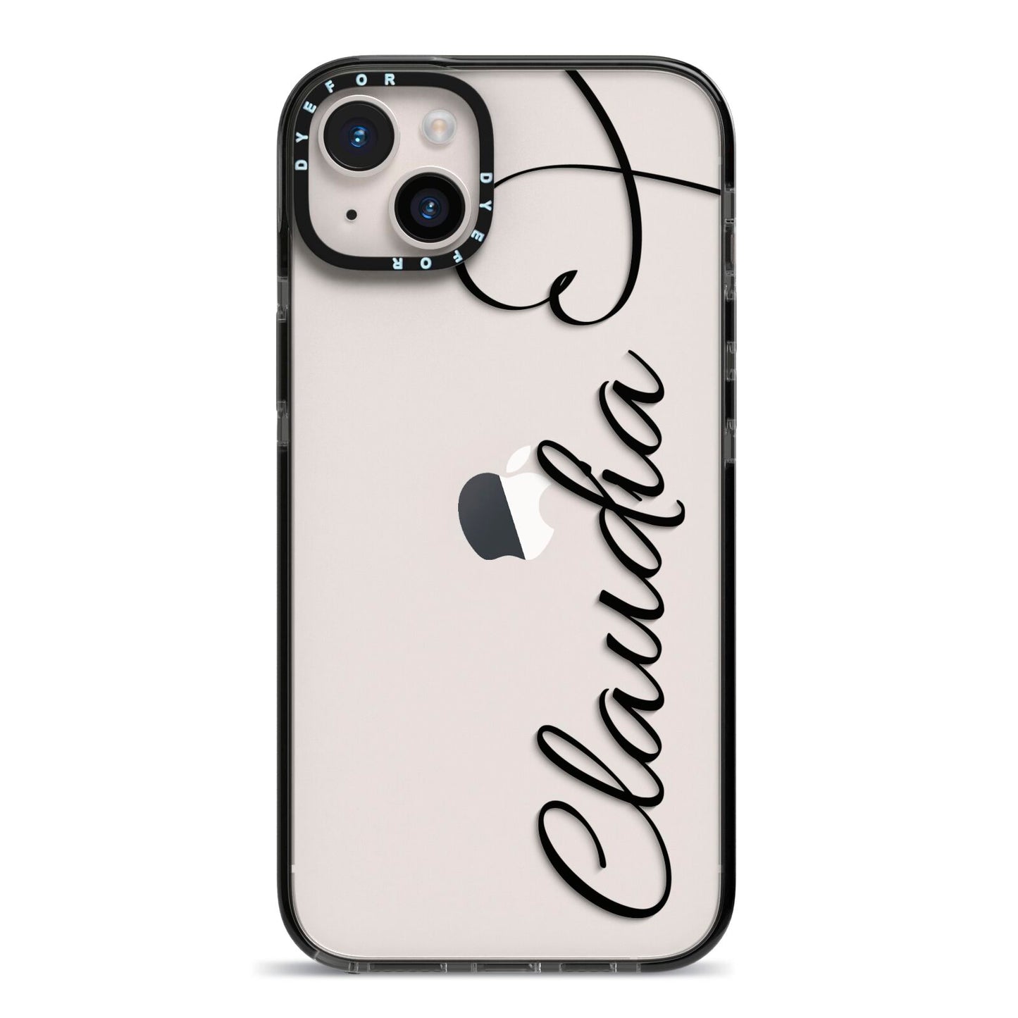 Personalised Heart Name iPhone 14 Plus Black Impact Case on Silver phone