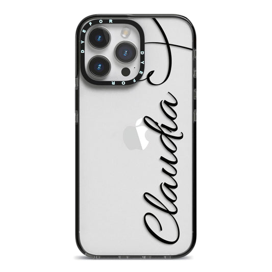 Personalised Heart Name iPhone 14 Pro Max Black Impact Case on Silver phone