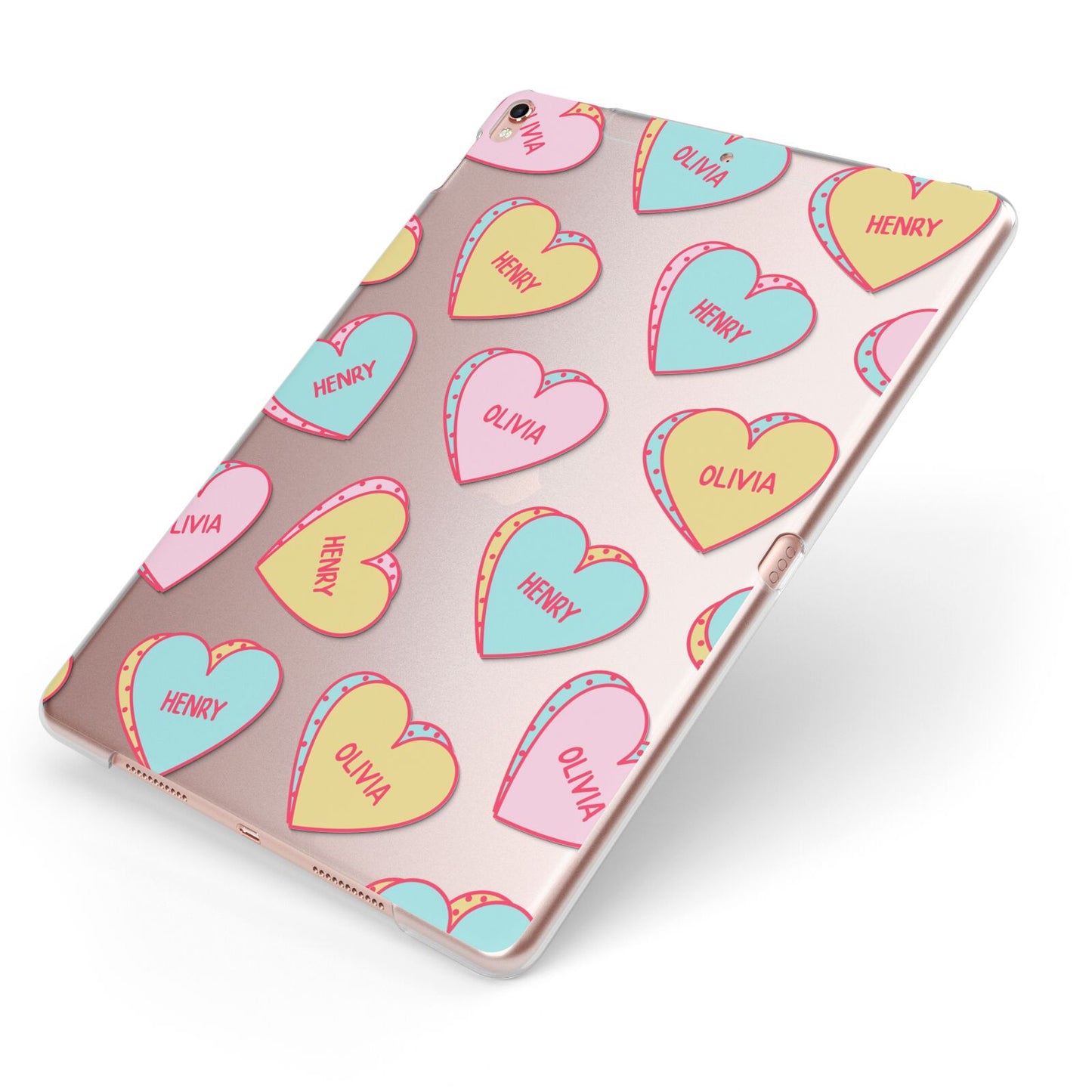 Personalised Heart Sweets Apple iPad Case on Rose Gold iPad Side View