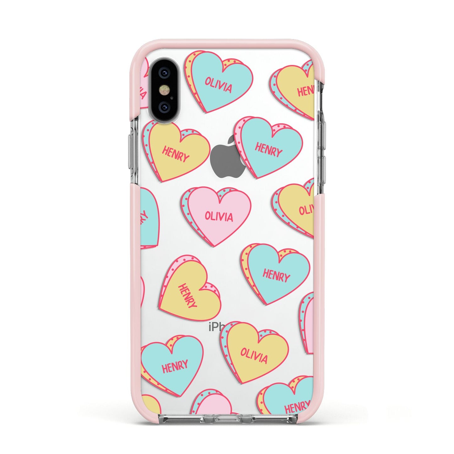 Personalised Heart Sweets Apple iPhone Xs Impact Case Pink Edge on Silver Phone