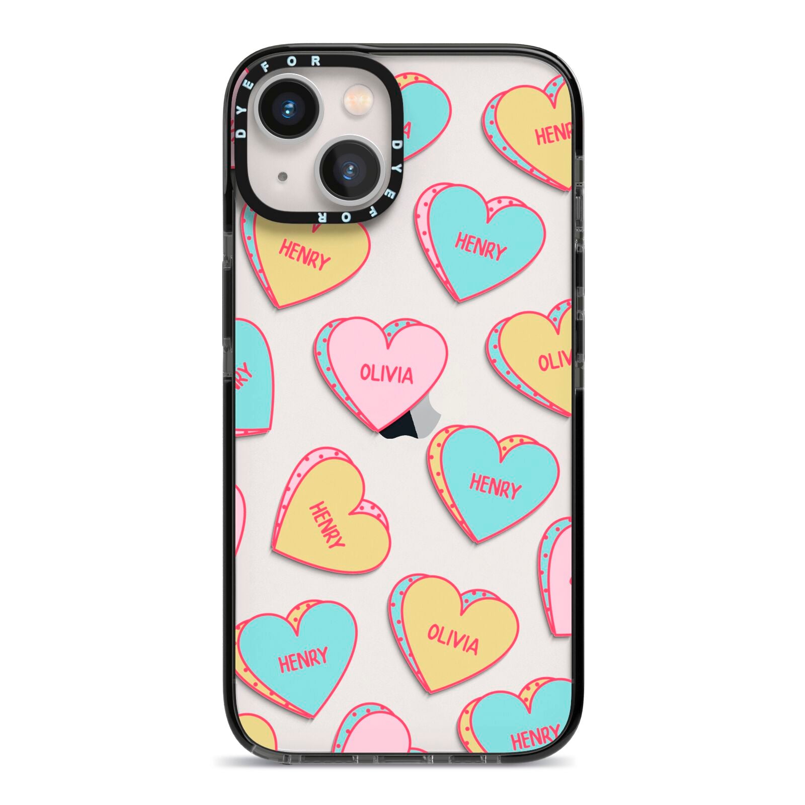 Personalised Heart Sweets iPhone 13 Black Impact Case on Silver phone