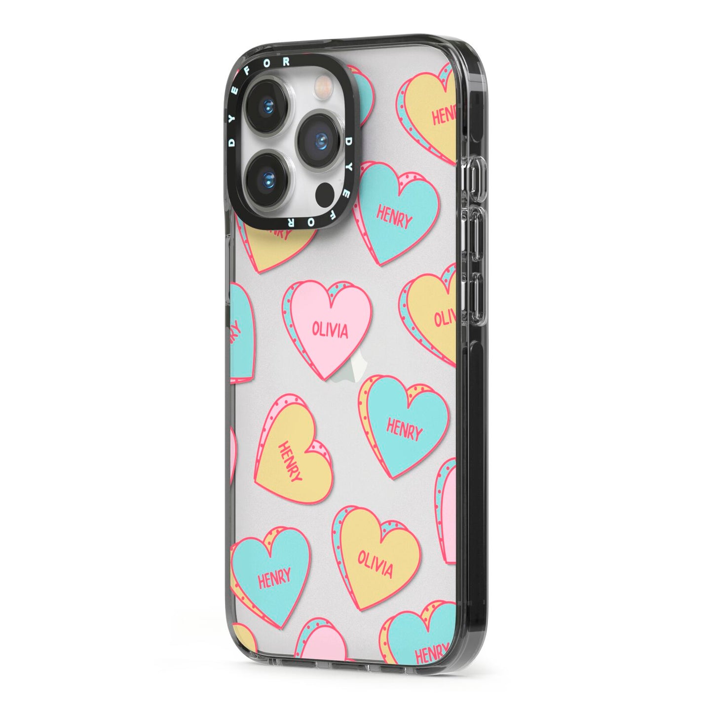 Personalised Heart Sweets iPhone 13 Pro Black Impact Case Side Angle on Silver phone