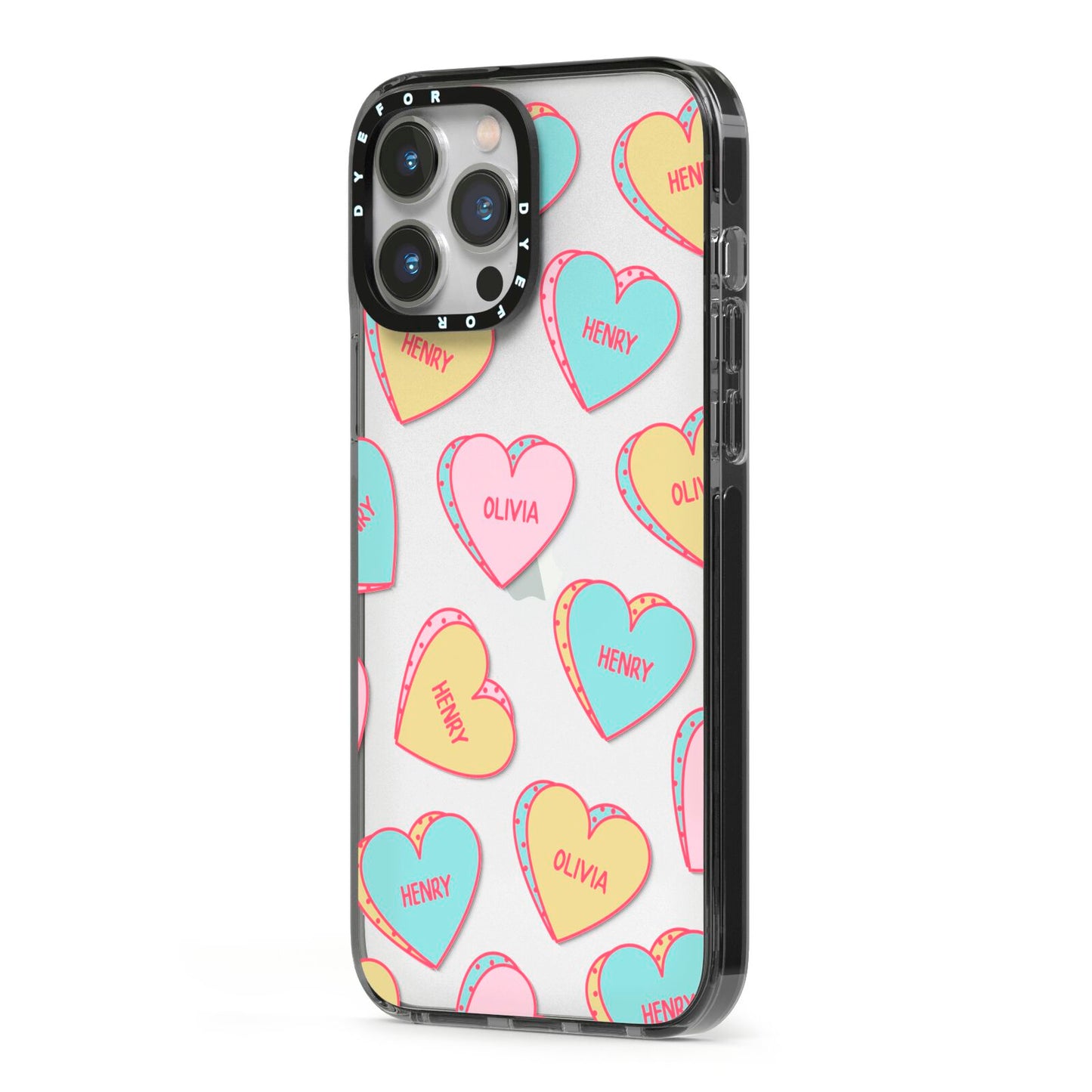 Personalised Heart Sweets iPhone 13 Pro Max Black Impact Case Side Angle on Silver phone