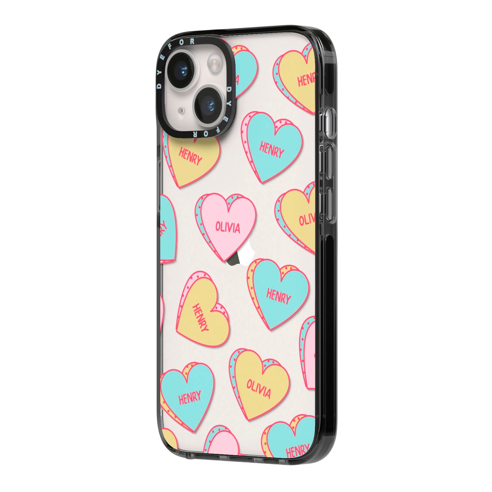 Personalised Heart Sweets iPhone 14 Black Impact Case Side Angle on Silver phone