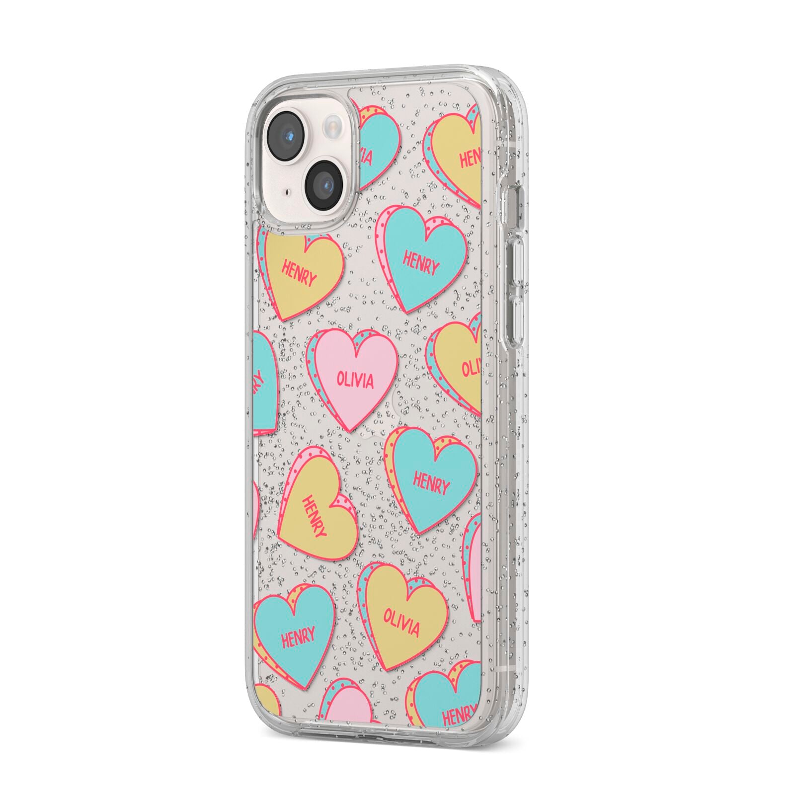 Personalised Heart Sweets iPhone 14 Plus Glitter Tough Case Starlight Angled Image