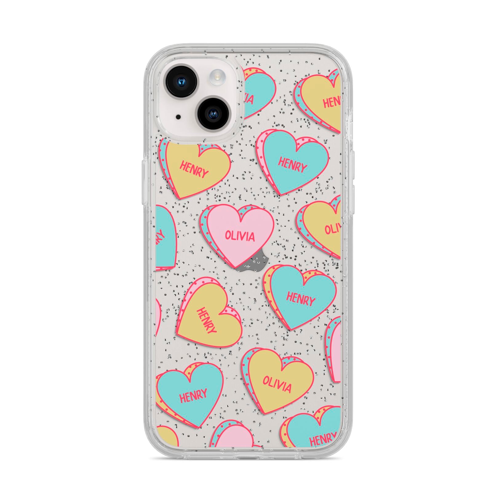 Personalised Heart Sweets iPhone 14 Plus Glitter Tough Case Starlight
