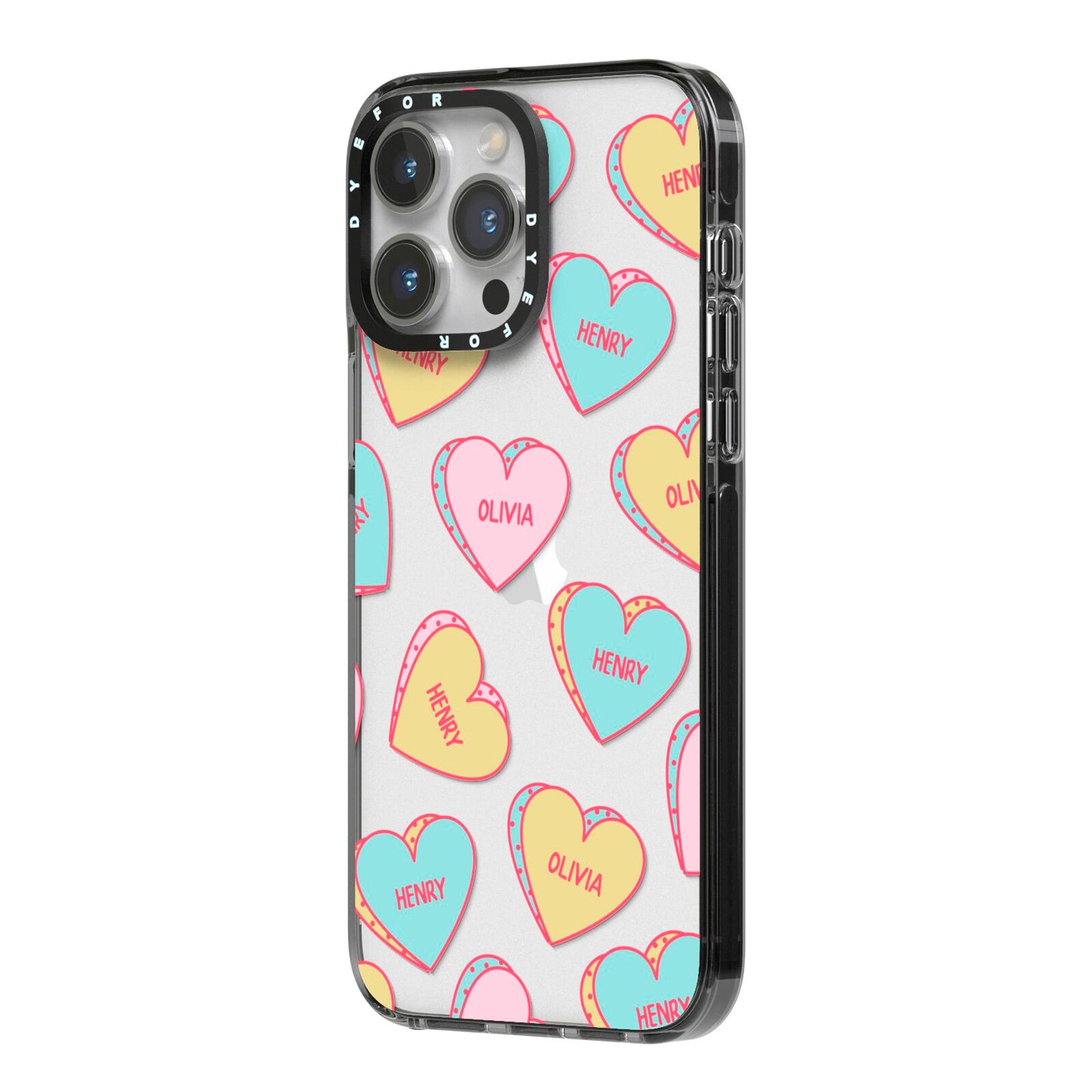 Personalised Heart Sweets iPhone 14 Pro Max Black Impact Case Side Angle on Silver phone