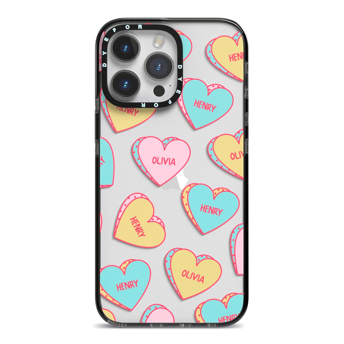 Personalised Heart Sweets iPhone 14 Pro Max Black Impact Case on Silver phone