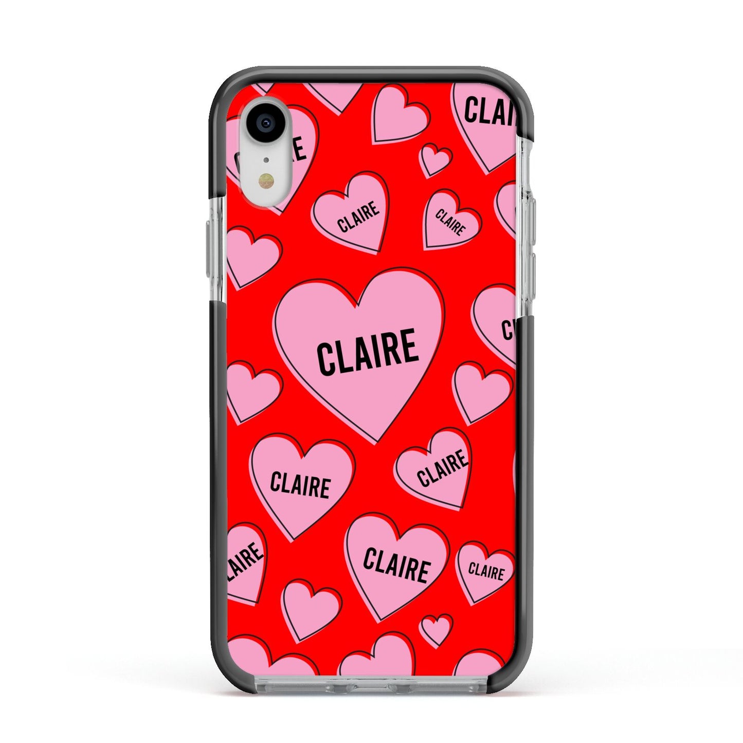 Personalised Hearts Apple iPhone XR Impact Case Black Edge on Silver Phone
