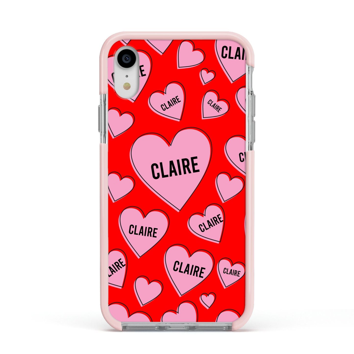 Personalised Hearts Apple iPhone XR Impact Case Pink Edge on Silver Phone