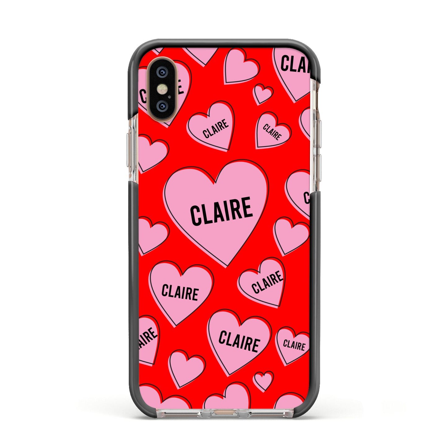 Personalised Hearts Apple iPhone Xs Impact Case Black Edge on Gold Phone