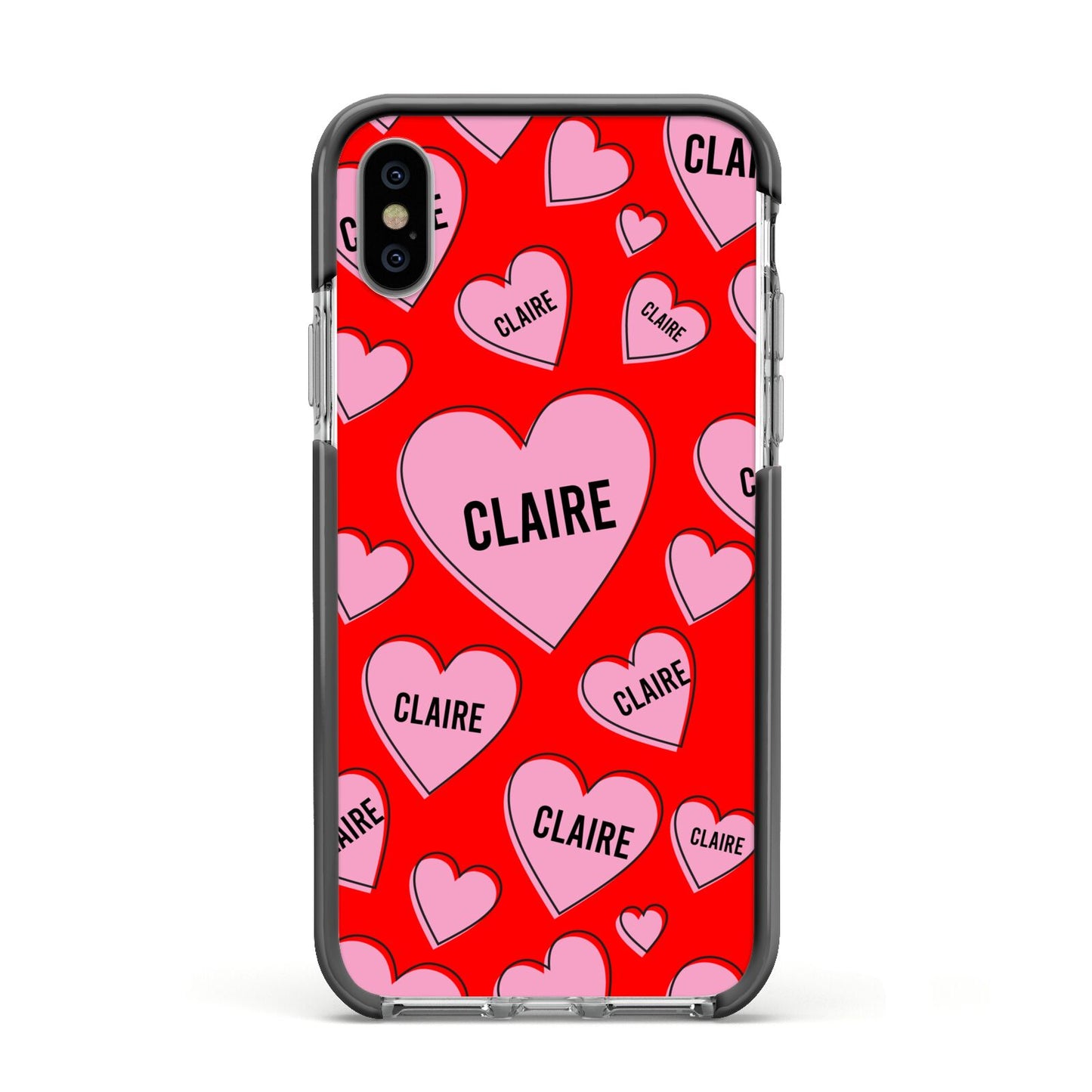 Personalised Hearts Apple iPhone Xs Impact Case Black Edge on Silver Phone