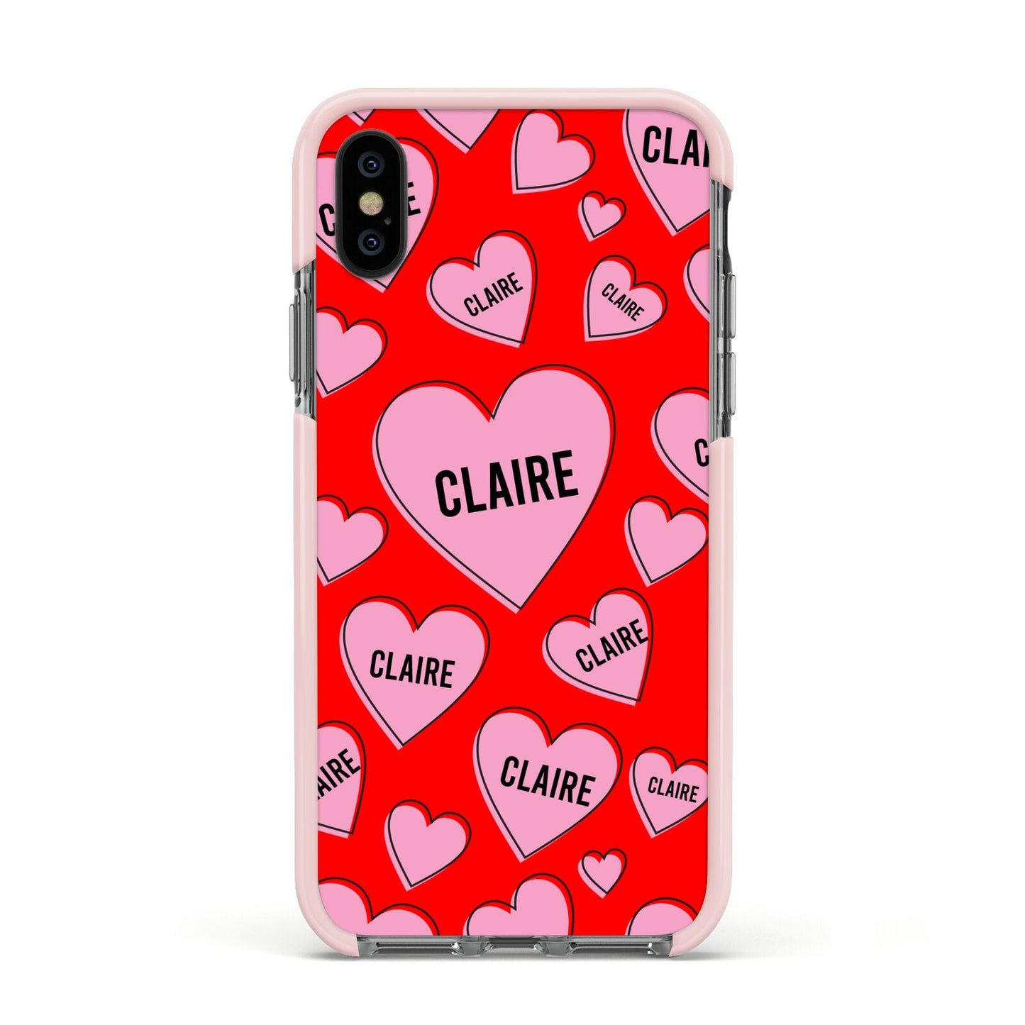 Personalised Hearts Apple iPhone Xs Impact Case Pink Edge on Black Phone