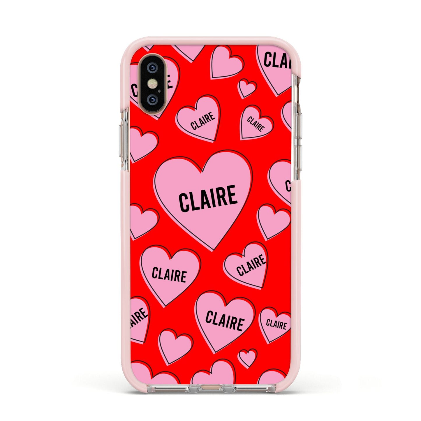 Personalised Hearts Apple iPhone Xs Impact Case Pink Edge on Gold Phone
