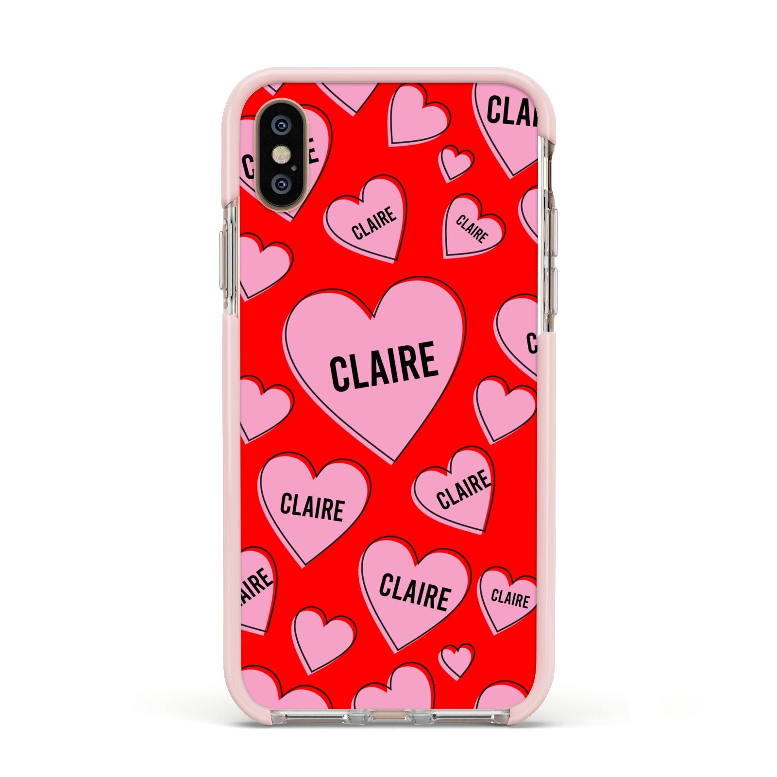 Personalised Hearts Apple iPhone Xs Impact Case Pink Edge on Gold Phone