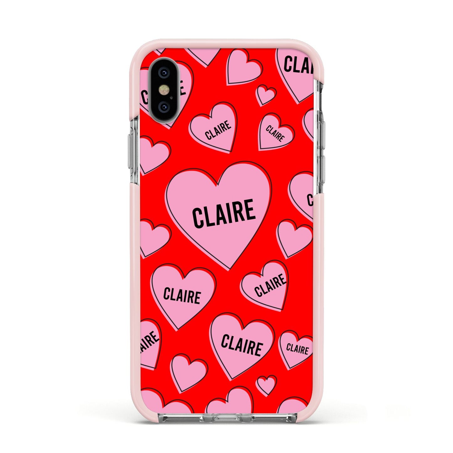 Personalised Hearts Apple iPhone Xs Impact Case Pink Edge on Silver Phone