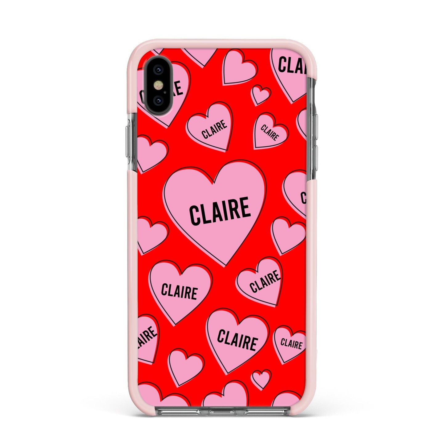 Personalised Hearts Apple iPhone Xs Max Impact Case Pink Edge on Black Phone