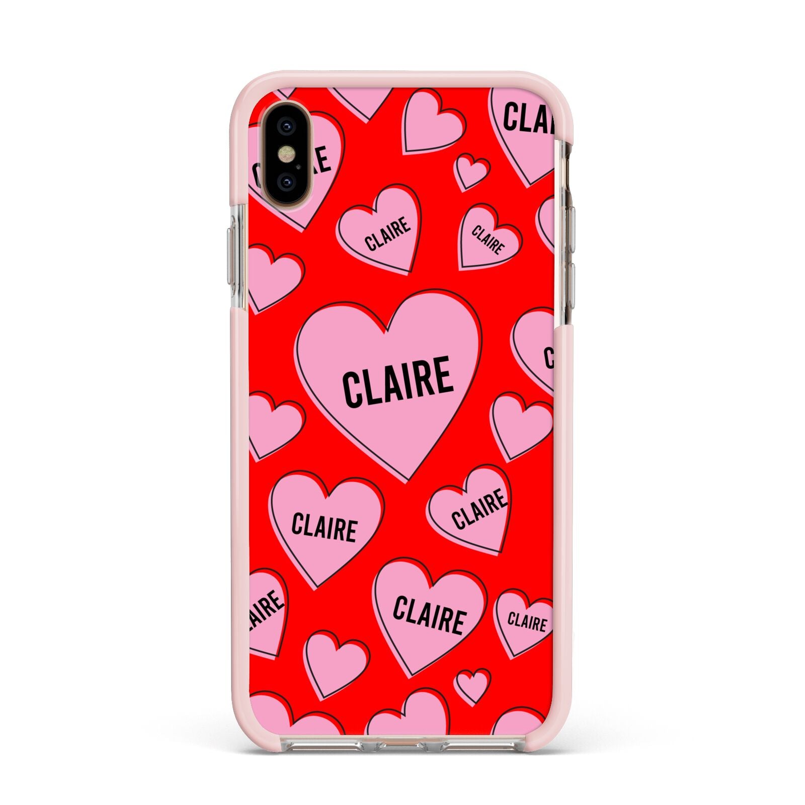 Personalised Hearts Apple iPhone Xs Max Impact Case Pink Edge on Gold Phone