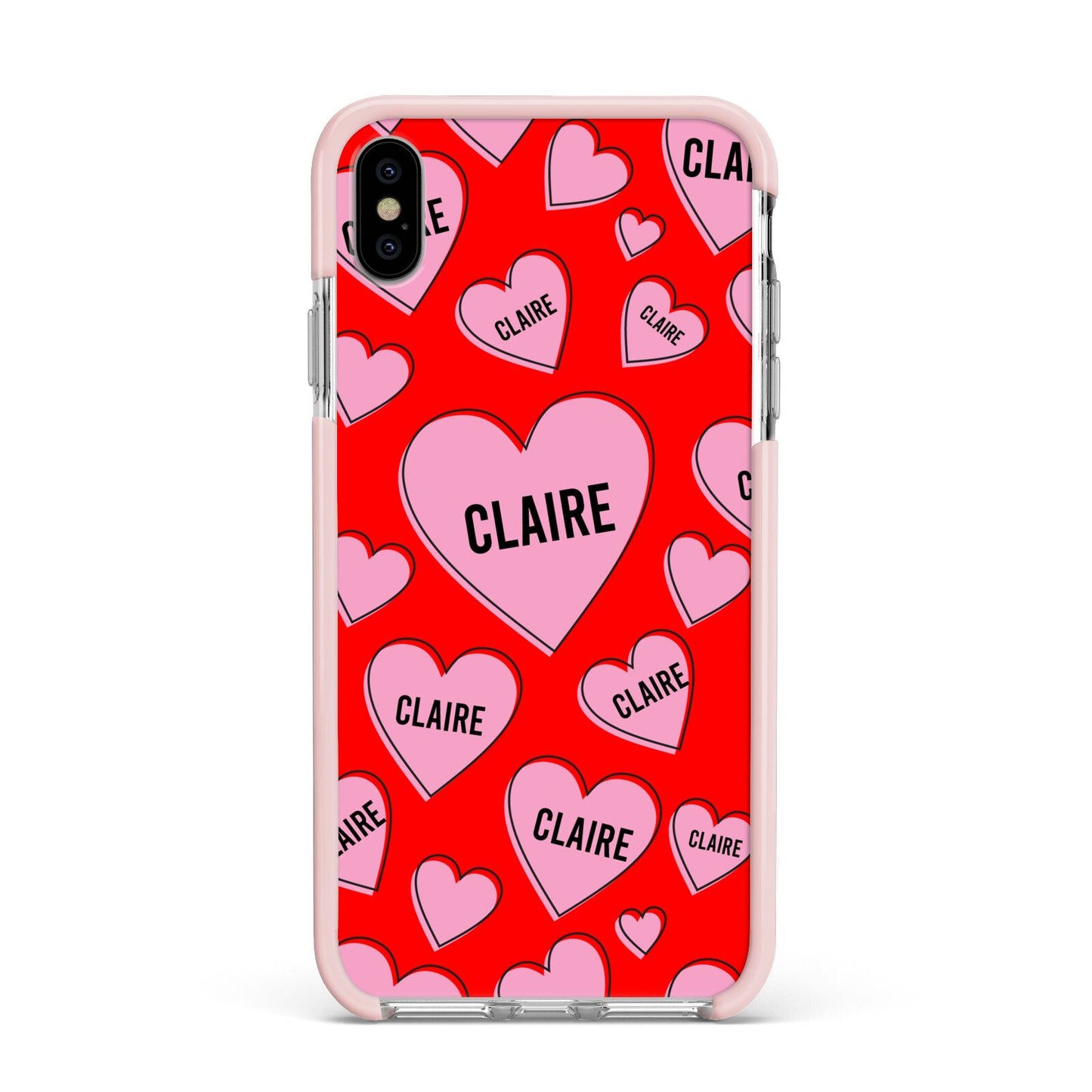 Personalised Hearts Apple iPhone Xs Max Impact Case Pink Edge on Silver Phone