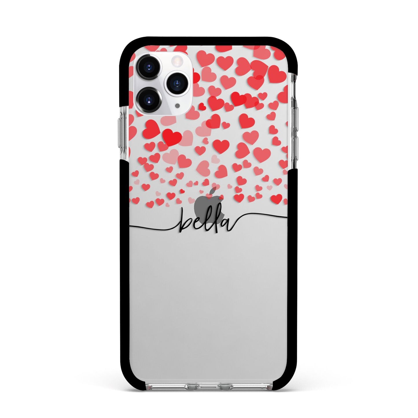 Personalised Hearts Confetti Clear Name Apple iPhone 11 Pro Max in Silver with Black Impact Case