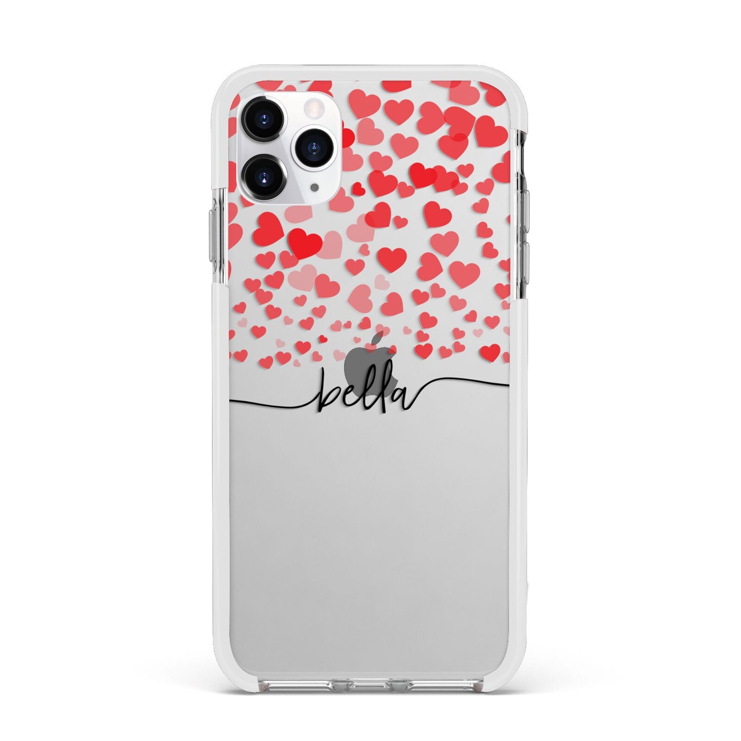 Personalised Hearts Confetti Clear Name Apple iPhone 11 Pro Max in Silver with White Impact Case