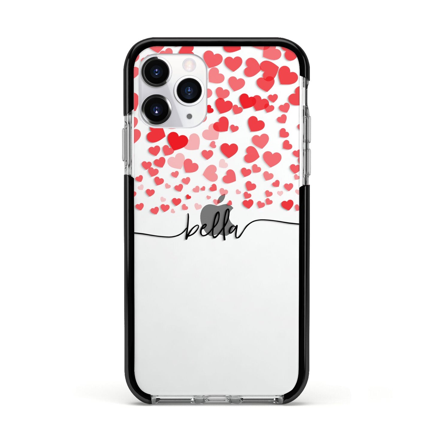 Personalised Hearts Confetti Clear Name Apple iPhone 11 Pro in Silver with Black Impact Case