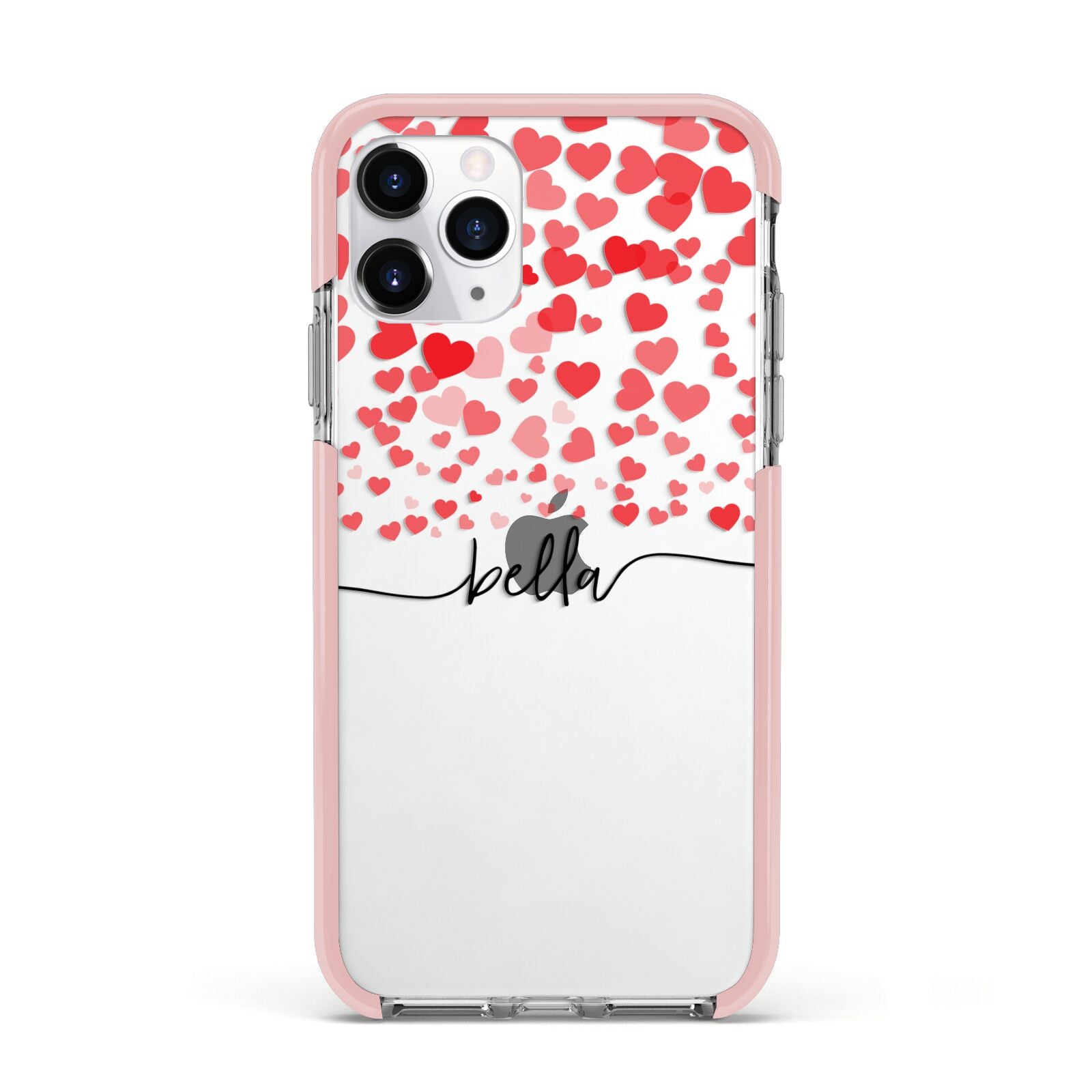 Personalised Hearts Confetti Clear Name Apple iPhone 11 Pro in Silver with Pink Impact Case