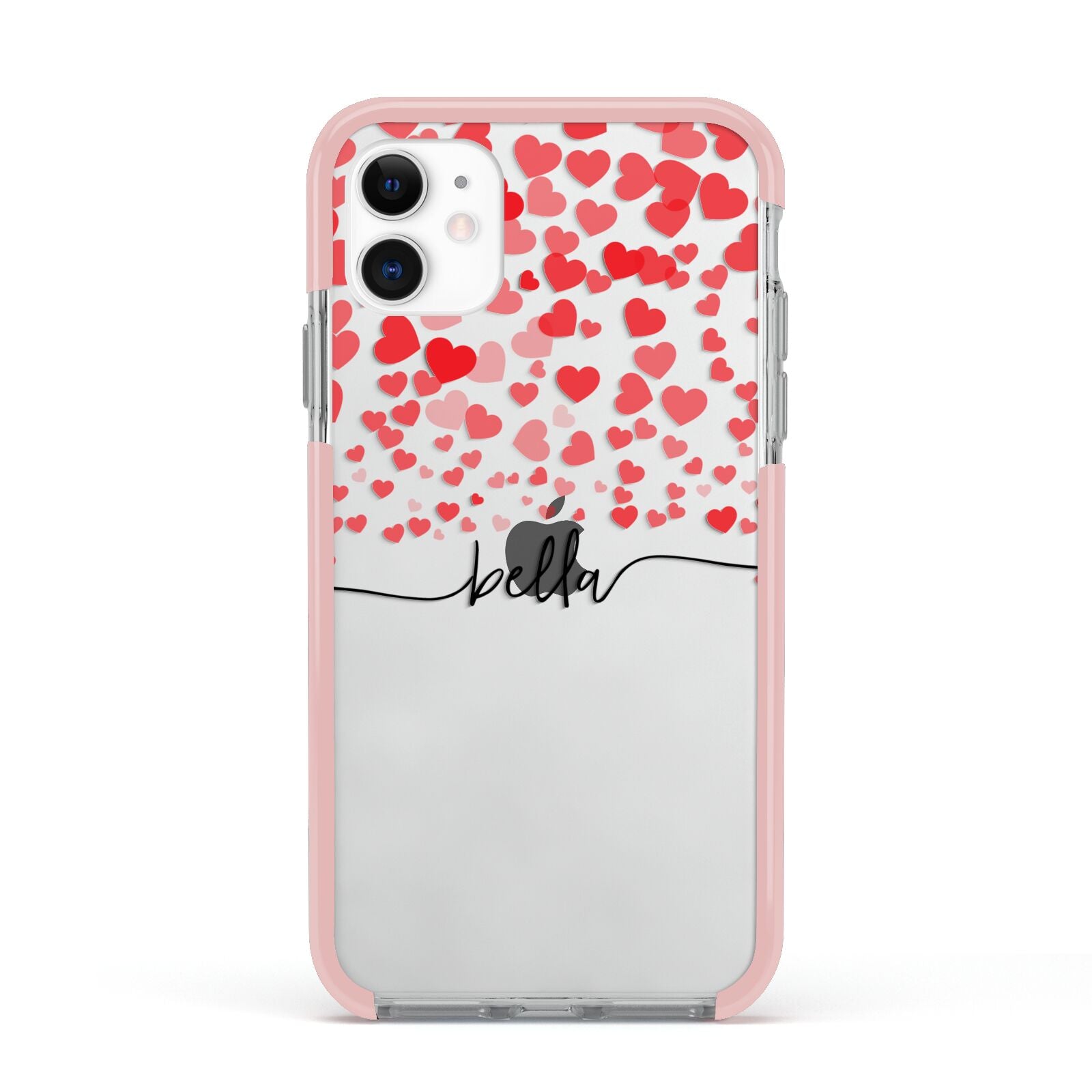 Personalised Hearts Confetti Clear Name Apple iPhone 11 in White with Pink Impact Case