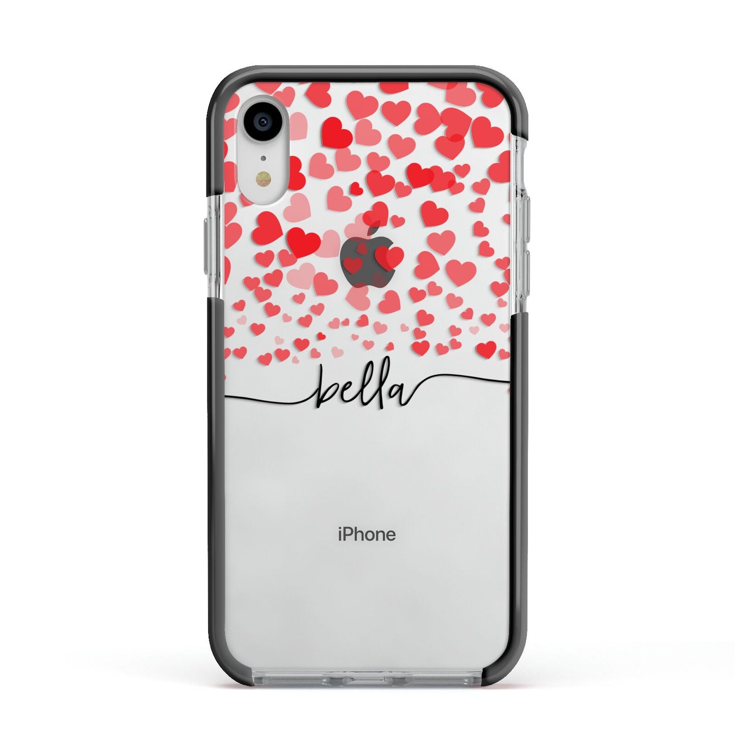 Personalised Hearts Confetti Clear Name Apple iPhone XR Impact Case Black Edge on Silver Phone