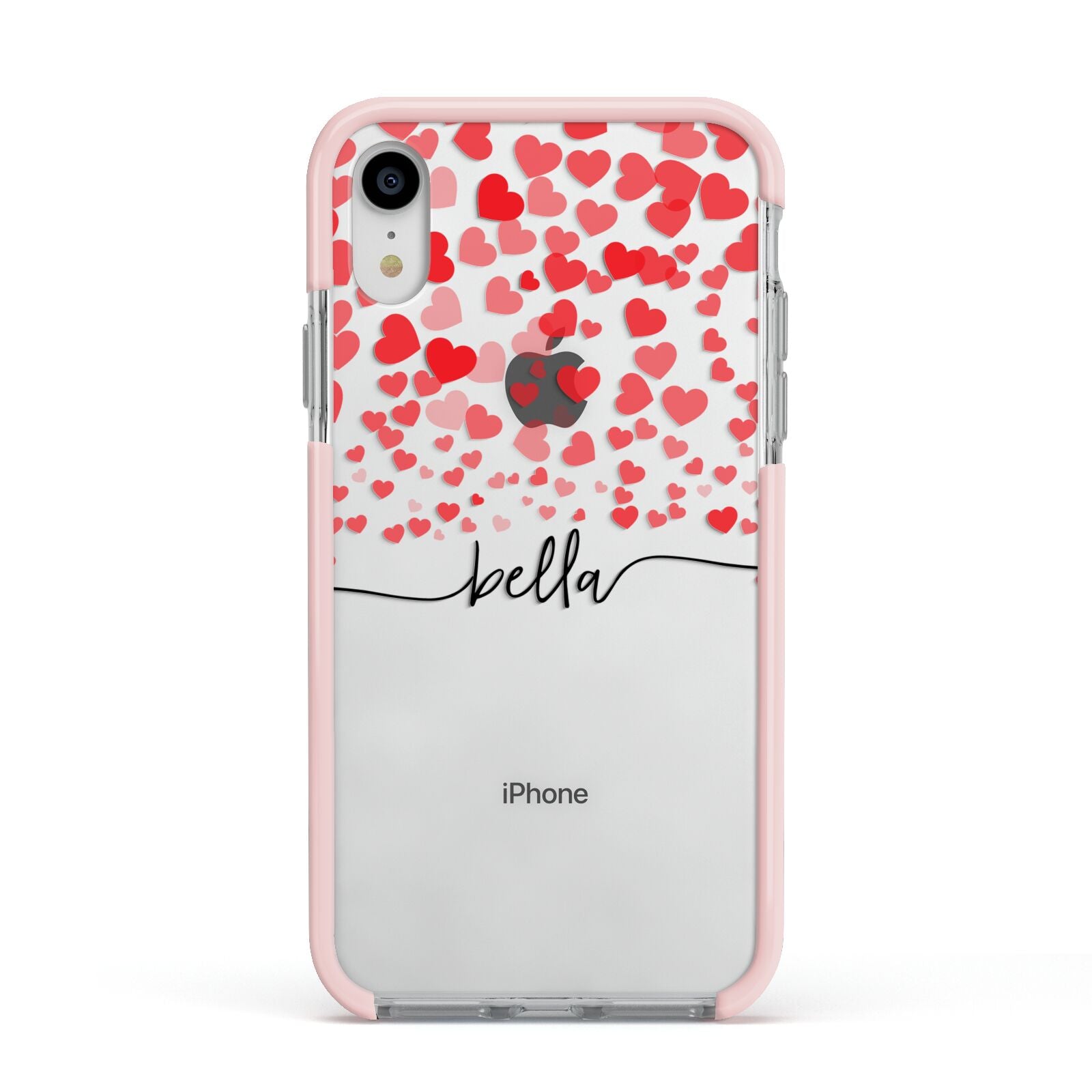 Personalised Hearts Confetti Clear Name Apple iPhone XR Impact Case Pink Edge on Silver Phone