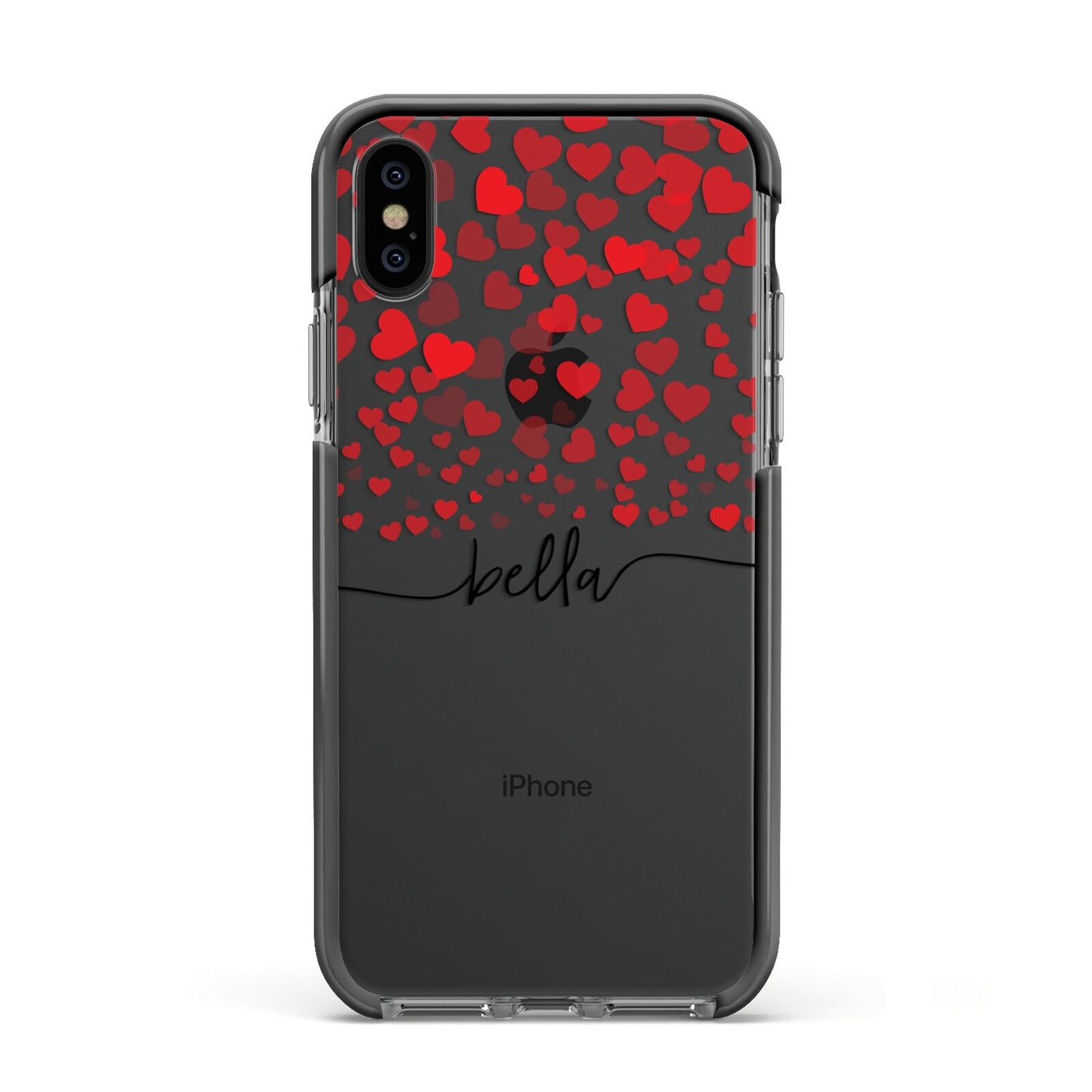 Personalised Hearts Confetti Clear Name Apple iPhone Xs Impact Case Black Edge on Black Phone