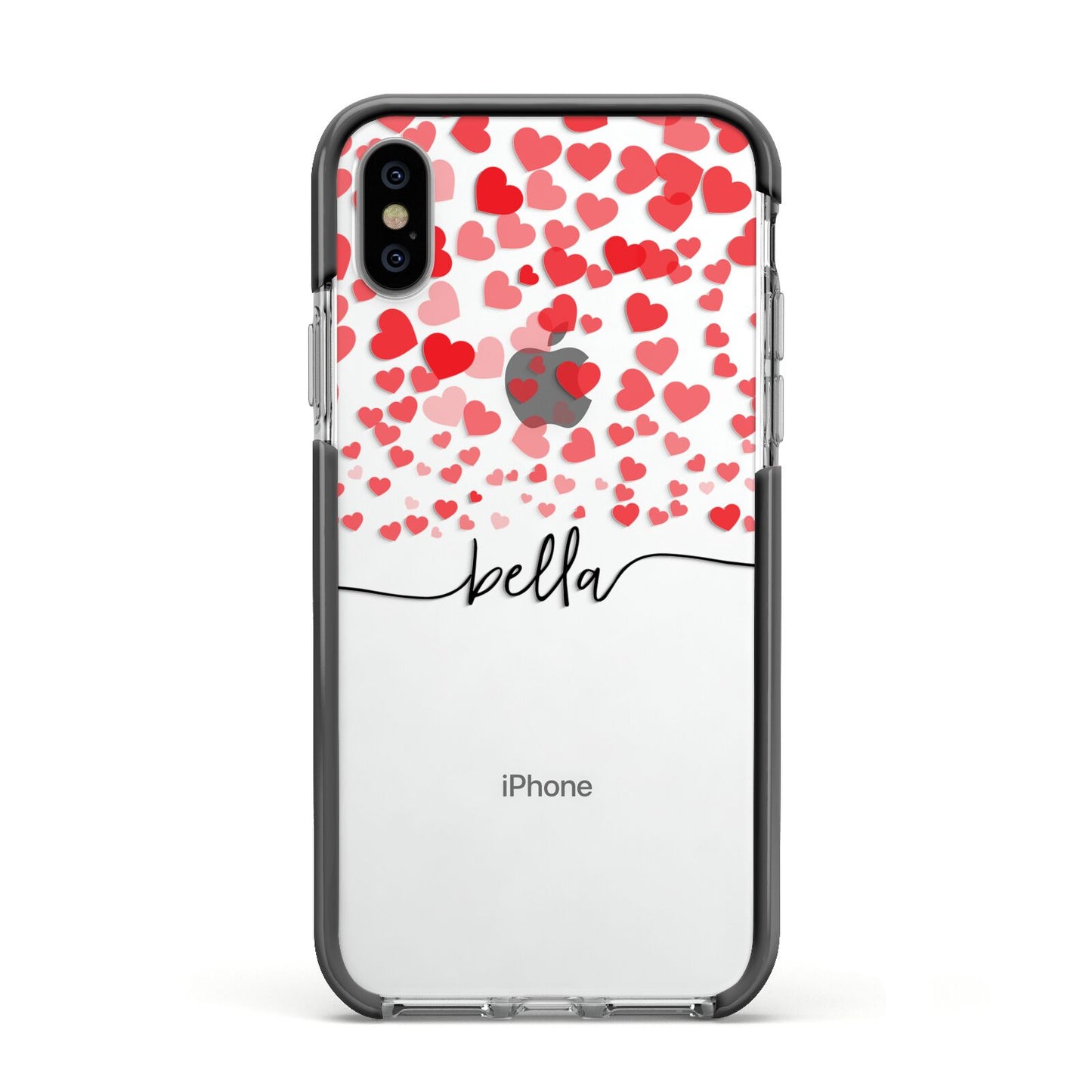 Personalised Hearts Confetti Clear Name Apple iPhone Xs Impact Case Black Edge on Silver Phone
