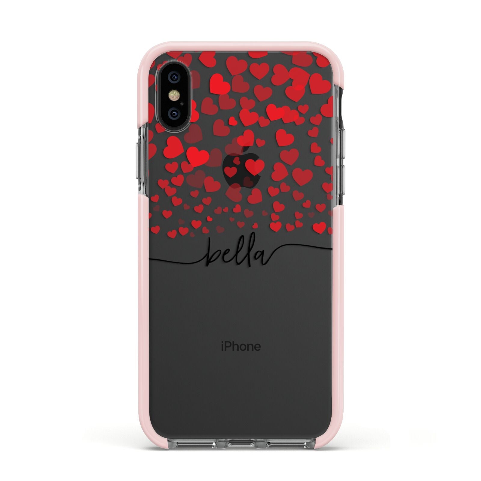 Personalised Hearts Confetti Clear Name Apple iPhone Xs Impact Case Pink Edge on Black Phone