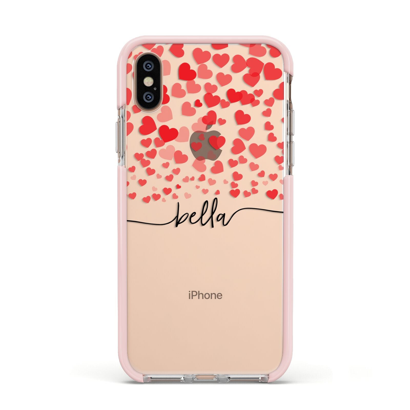 Personalised Hearts Confetti Clear Name Apple iPhone Xs Impact Case Pink Edge on Gold Phone